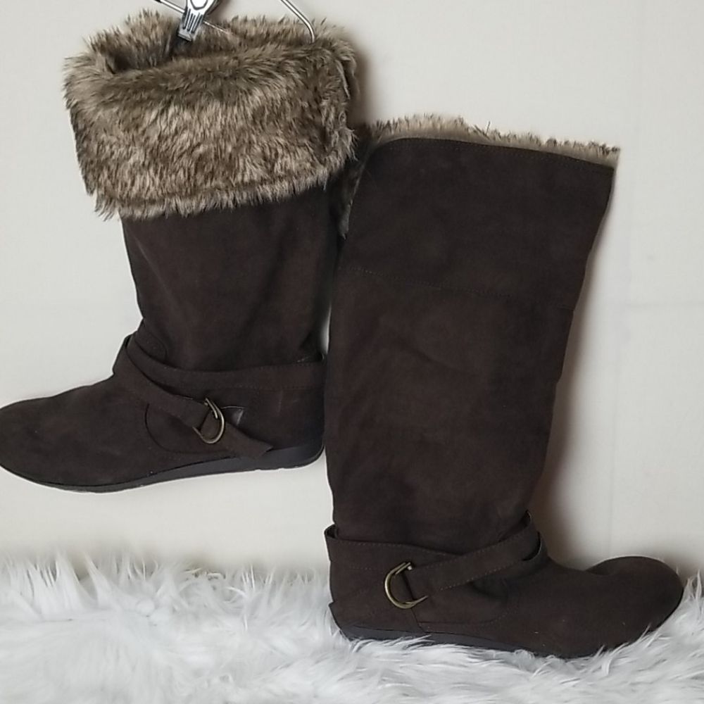 Faux Suede Leather Flat Brown Boots